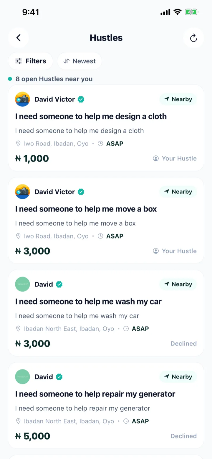 The sydHustle feed showing open Hustles nearby, each with a verified poster, a location, a time and an offer