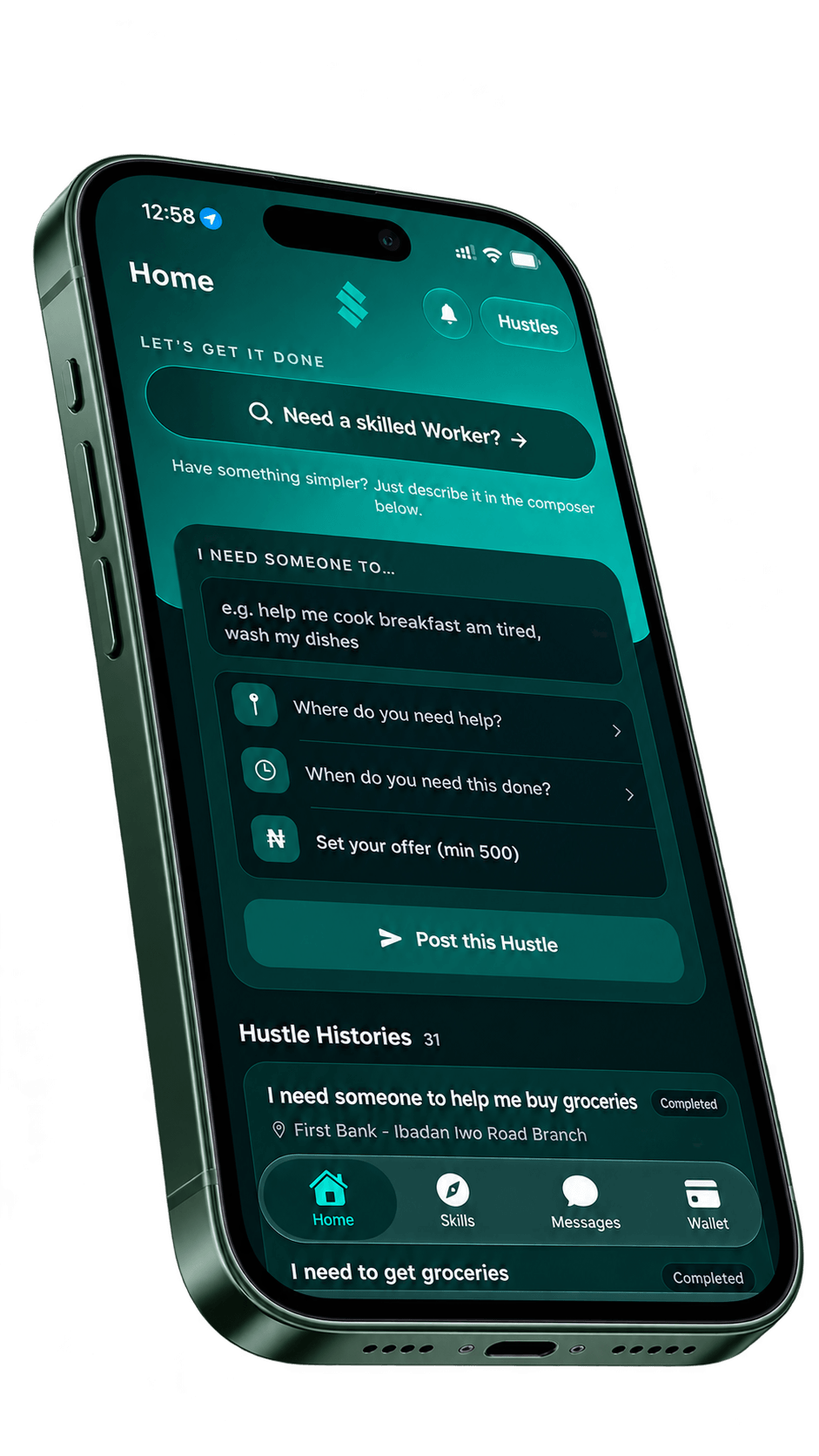 The sydHustle app open on the Home screen, showing the Hustle composer and past Hustles.
