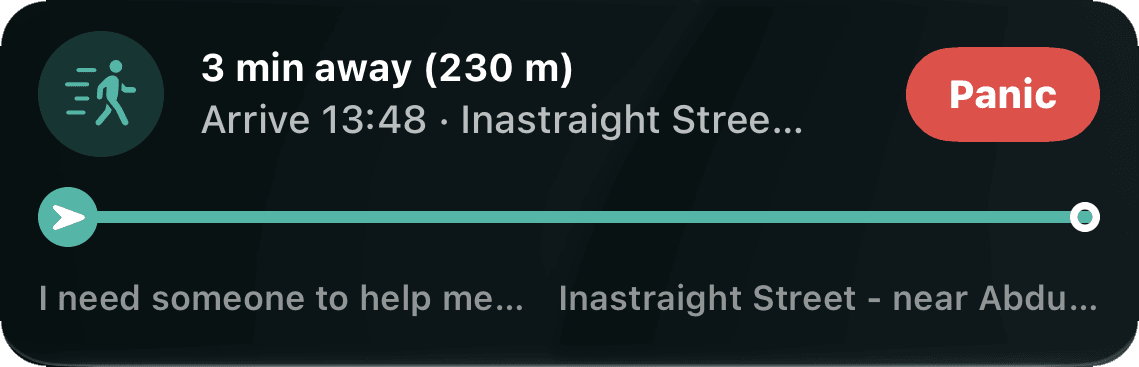 The sydHustle Live Activity on an iPhone lock screen: three minutes away, arriving 13:48, with a red Panic button and a progress bar showing the Hustler on the way