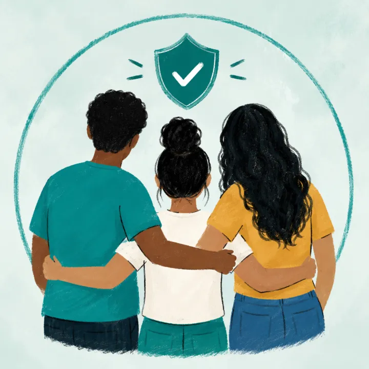 Illustration of three people standing together under a shield